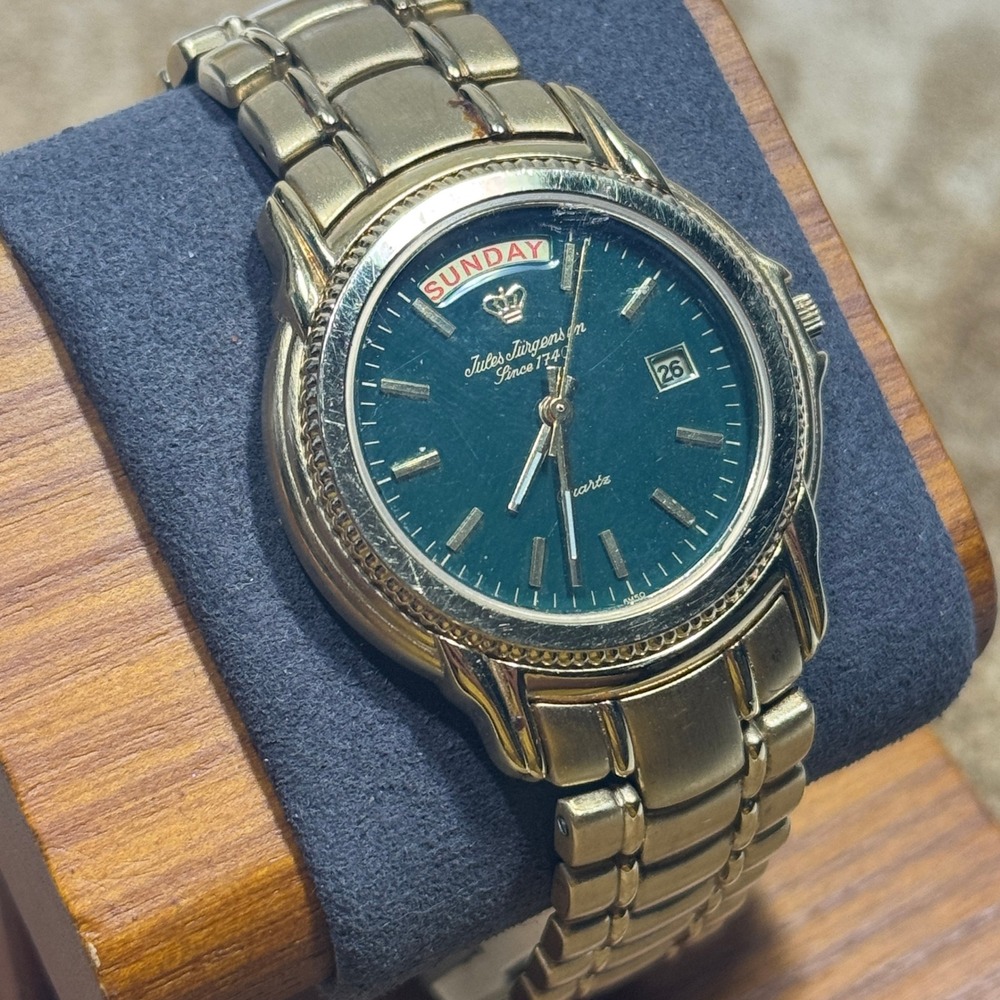 Jules Jurgensen Watch PRESIDENT Day Date Green Dial Gold Tone Quartz NEW BATT
